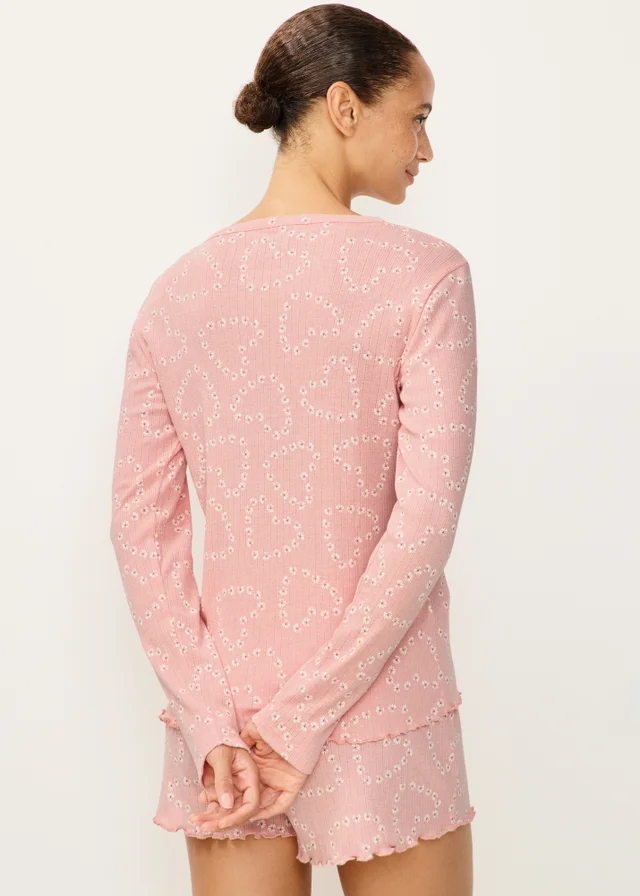 Pink Pointelle Heart Print Pyjama Top