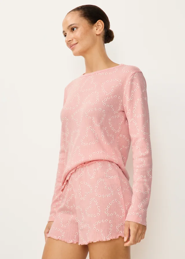 Pink Pointelle Heart Print Pyjama Top