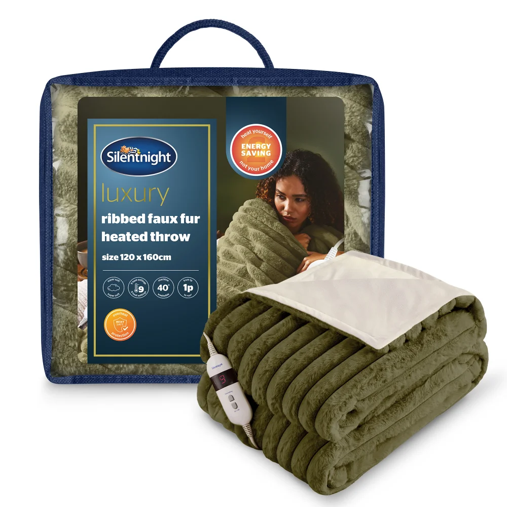 SilentNight Green Ribbed Faux Fur Heated Throw Image 1