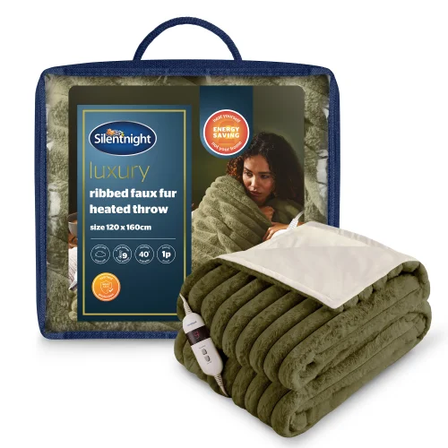 SilentNight Green Ribbed Faux Fur Heated Throw Image 1