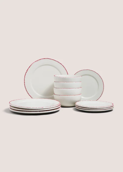 12 Piece Red Dotted Border Dinner Set Image 1