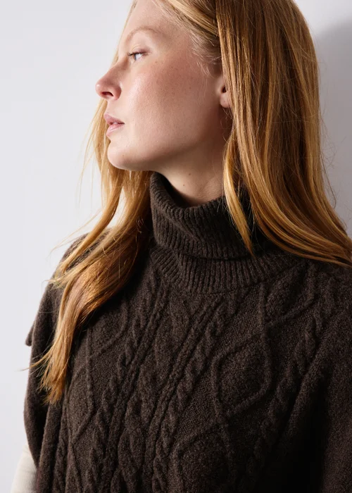 Brown Cable Knit Poncho - One Size Image 3