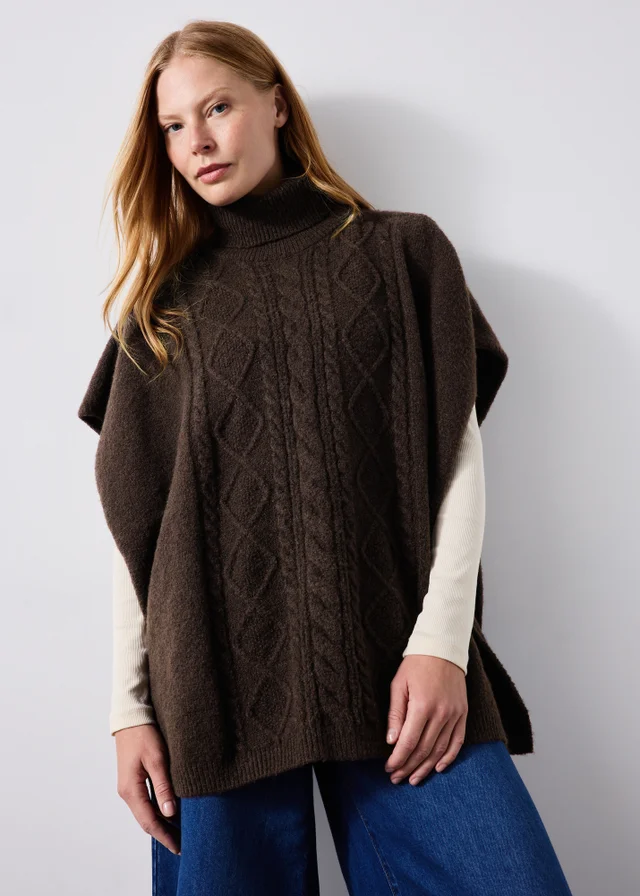 Brown Cable Knit Poncho
