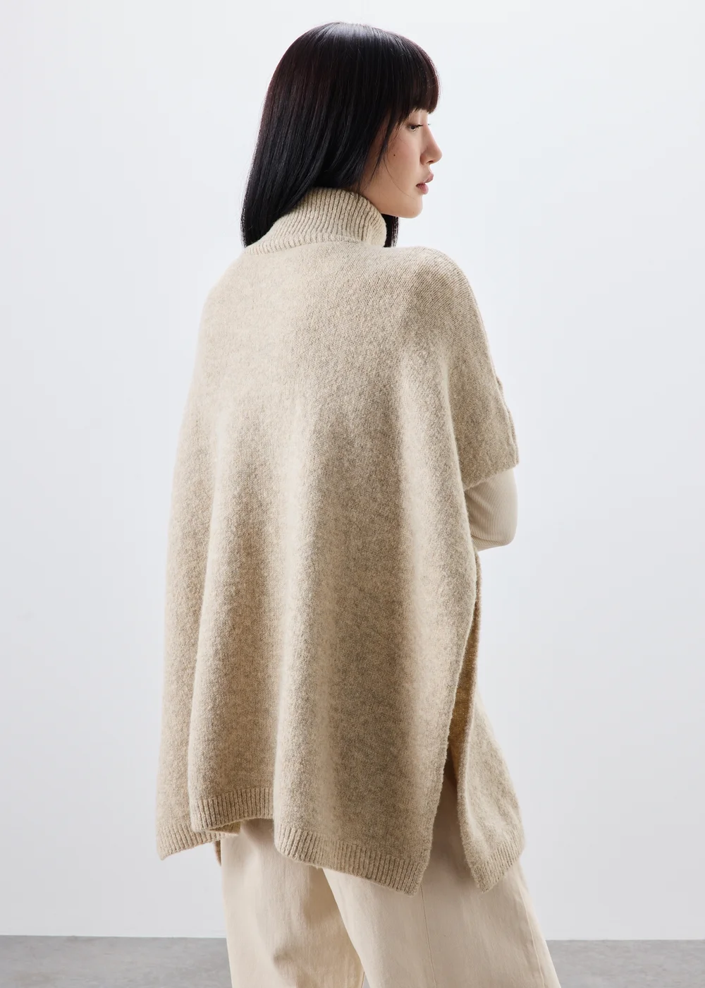 Oatmeal Cable Knit Poncho - One Size Image 2