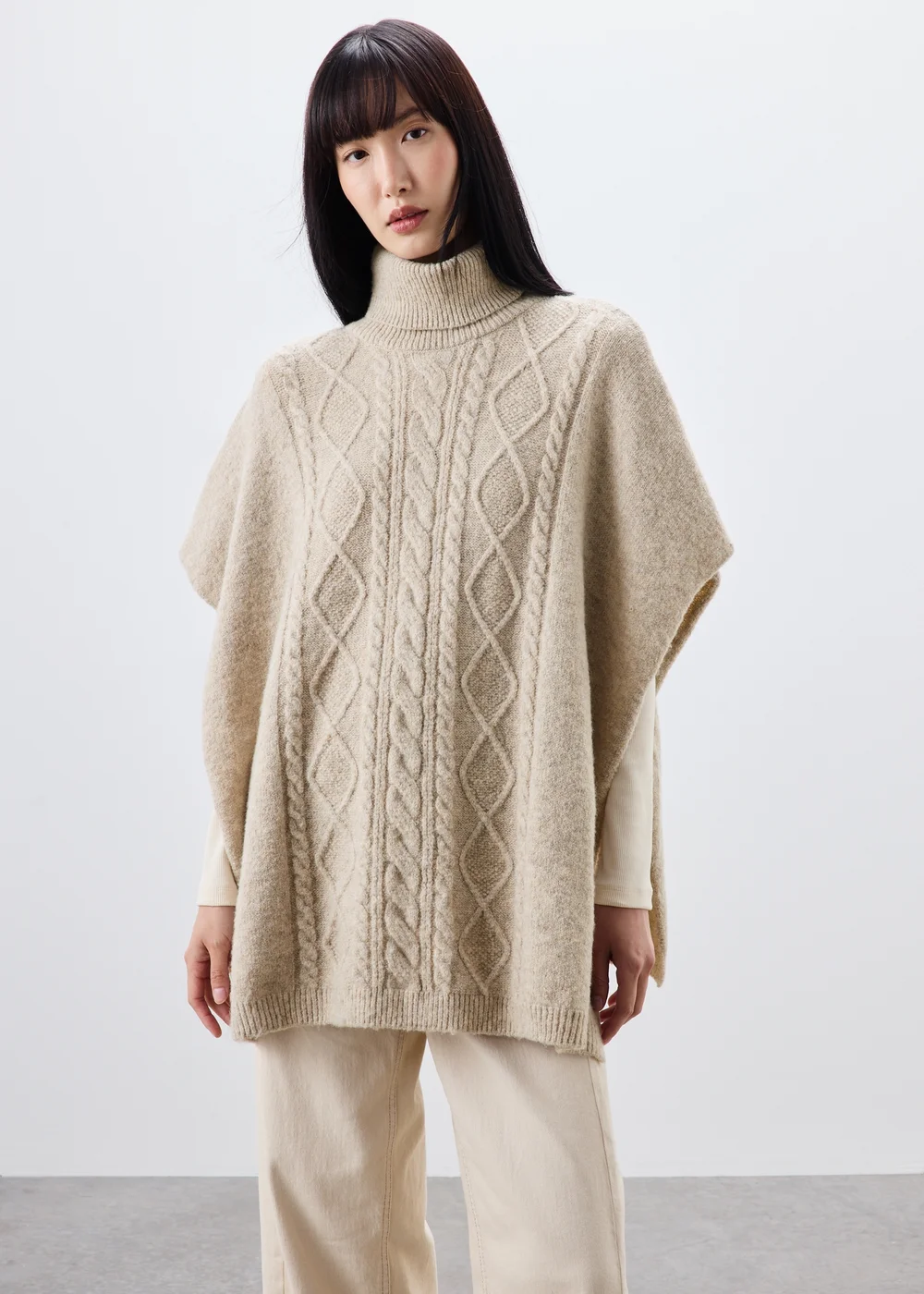 Oatmeal Cable Knit Poncho - One Size Image 1