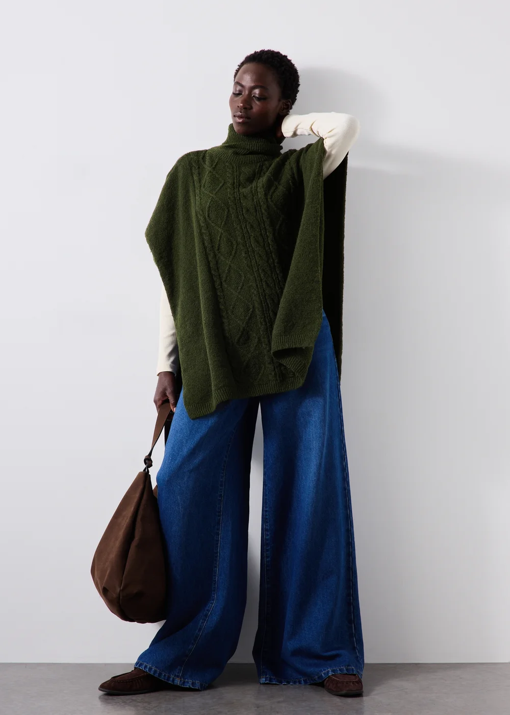 Moss Green Cable Poncho - One Size Image 2