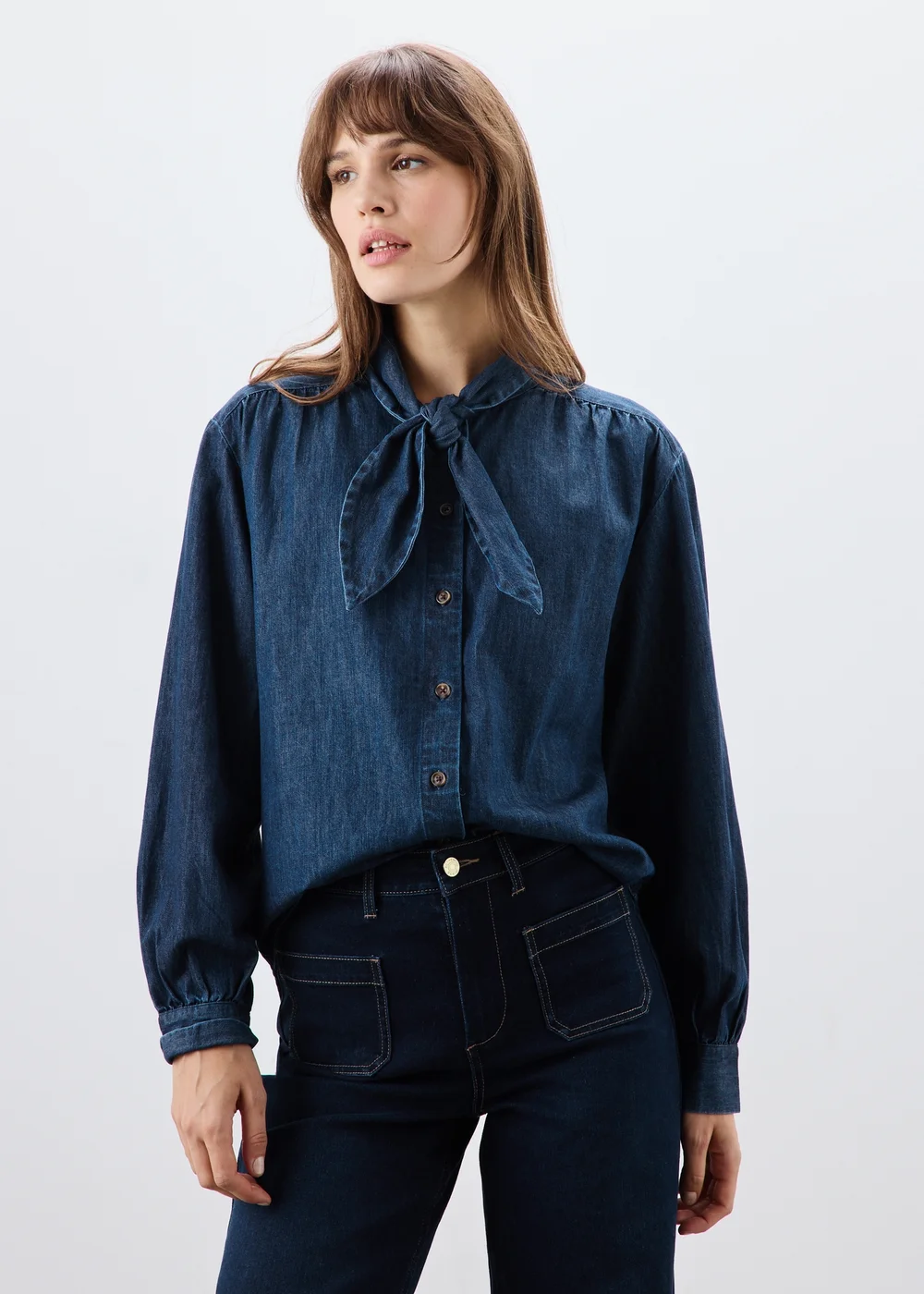 Blue Denim Tie Neck Detail Blouse - 8 Image 1