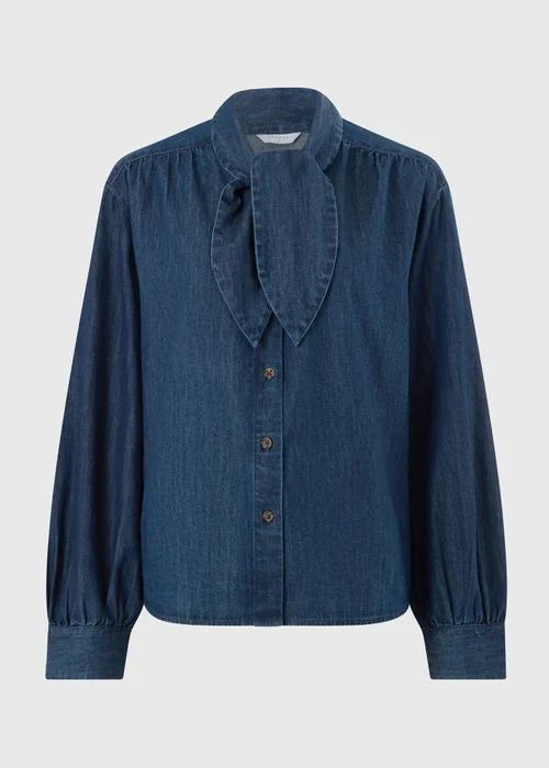 Blue Denim Tie Neck Detail Blouse - 8 Image 4