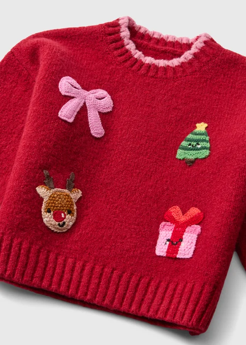 Girls Red 3D Crochet Christmas Jumper (1-8yrs) - 1-1.5 Yrs Image 2