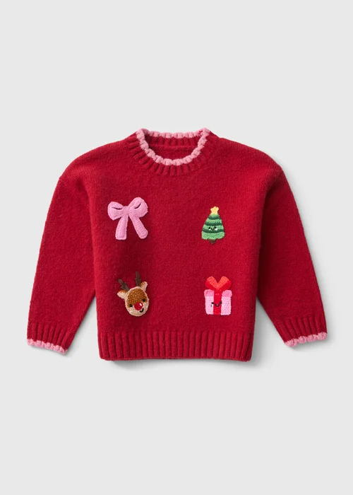 Girls Red 3D Crochet Christmas Jumper (1-8yrs) - 1-1.5 Yrs Image 1