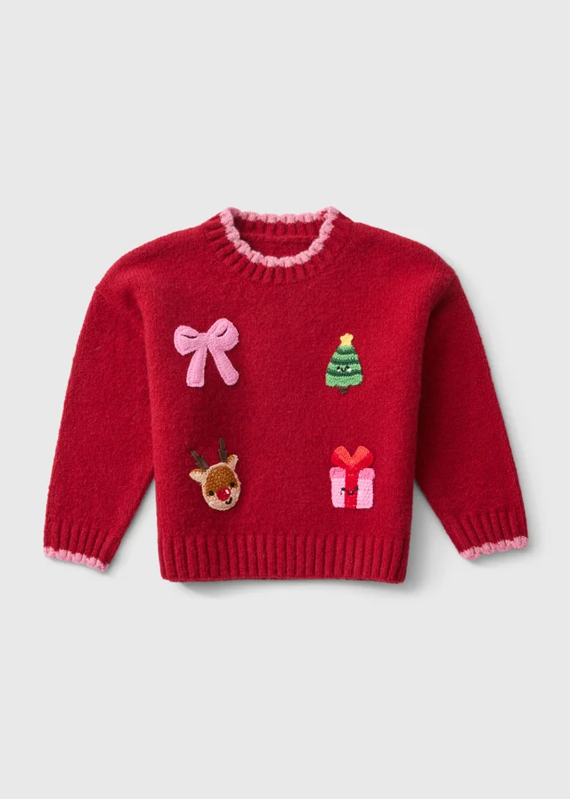 Girls Red 3D Crochet Christmas Jumper (1-8yrs)