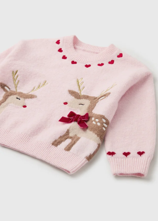 Girls Pink Christmas Deer Knitted Jumper (1-8yrs)