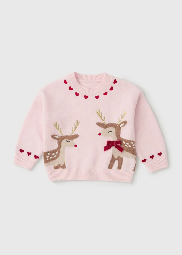 Girls Pink Christmas Deer Knitted Jumper (1-8yrs)