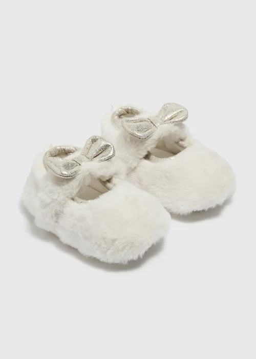 Girls Cream Faux Fur Bow Ballet Slippers (Younger 4 - Older 13) - 4-5 Infants Image 1