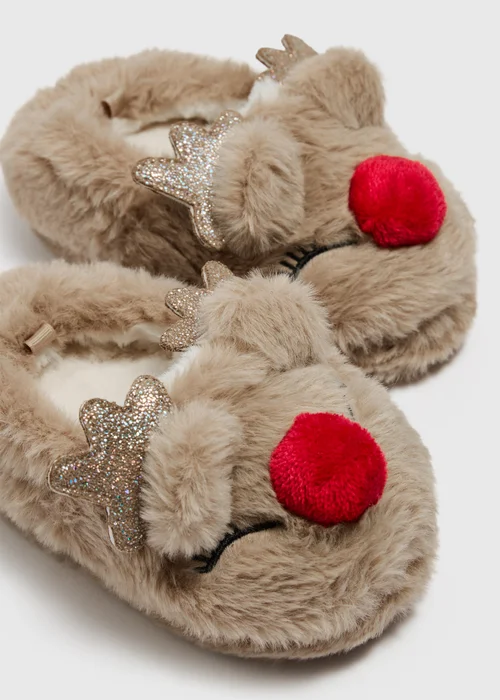 Girls Beige Fluffy Reindeer Slippers (Younger 4-Older 13) - 4-5 Infants Image 2