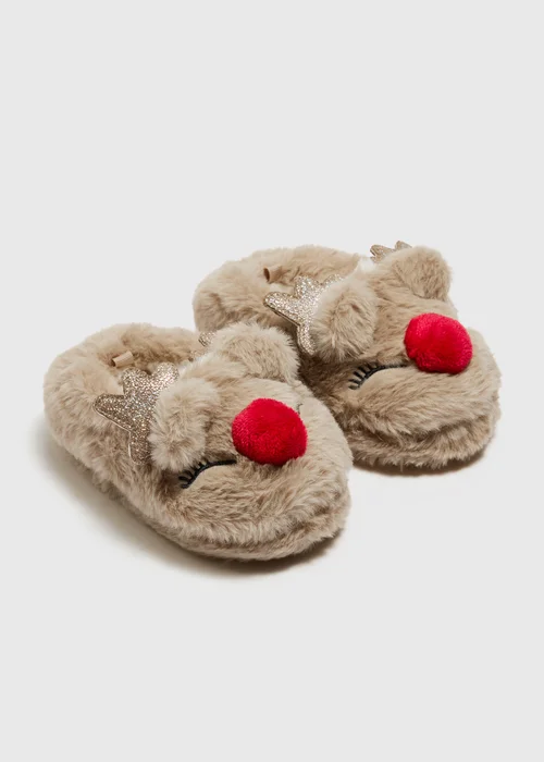 Girls Beige Fluffy Reindeer Slippers (Younger 4-Older 13) - 4-5 Infants Image 1
