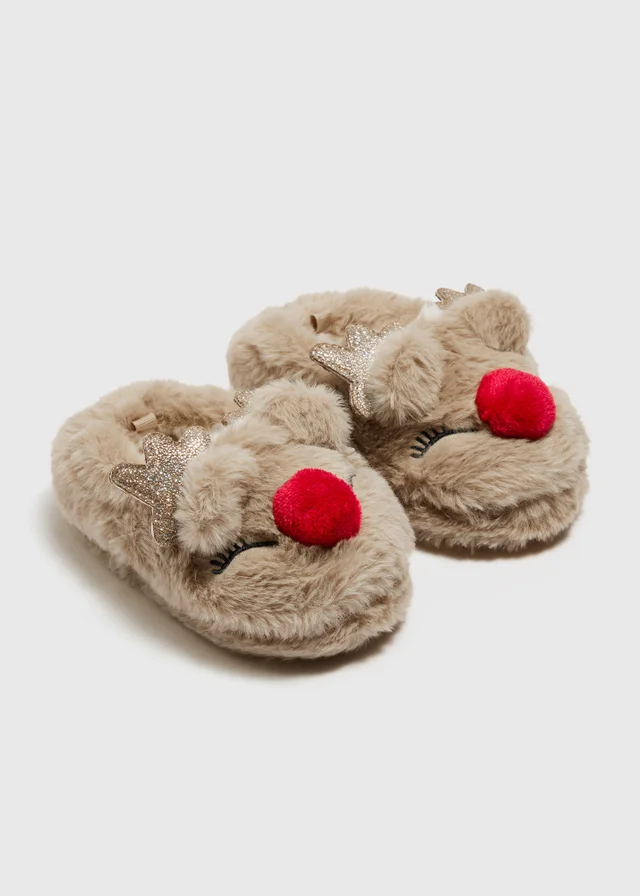 Girls Beige Fluffy Reindeer Slippers (Younger 4-Older 13)