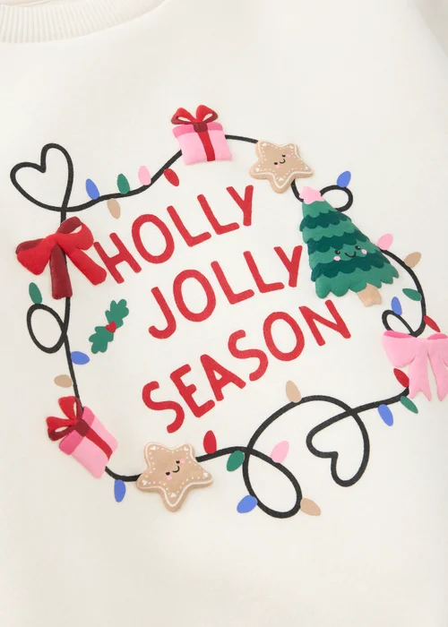 Girls Cream Holly Jolly Christmas Sweatshirt (1-8yrs) - 1-1.5 Yrs Image 2