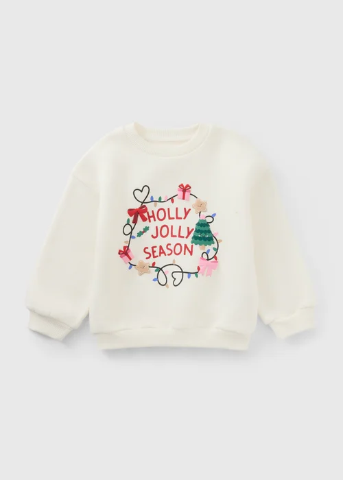 Girls Cream Holly Jolly Christmas Sweatshirt (1-8yrs) - 1-1.5 Yrs Image 1