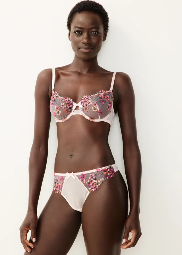 Pink Mesh Embroidered Co-Ord Thong