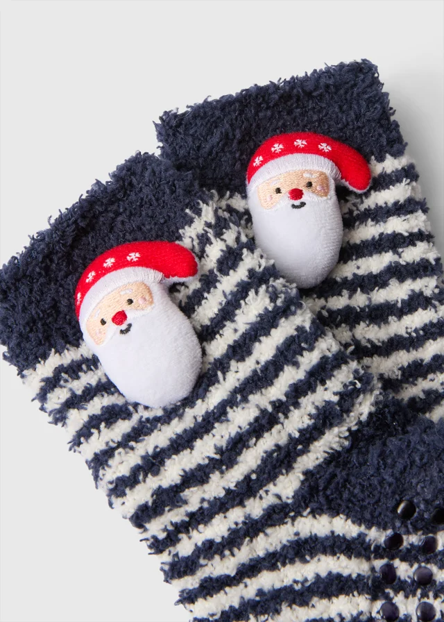 Boys Navy Striped Santa Fluffy Socks (Younger 6-Older 6.5)
