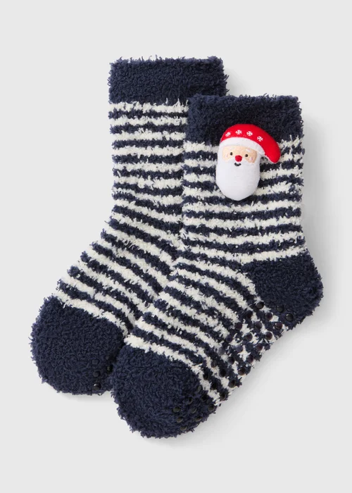 Boys Navy Striped Santa Fluffy Socks (Younger 6-Older 6.5) - 6-8.5 Image 1