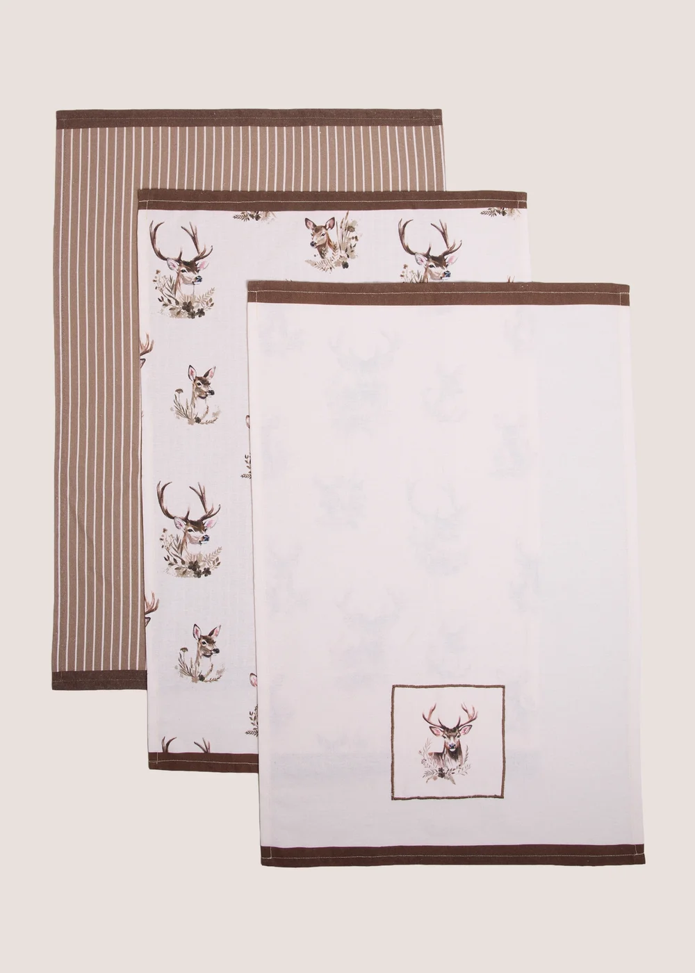 3 Pack Brown & White Stag Print Tea Towels Image 1