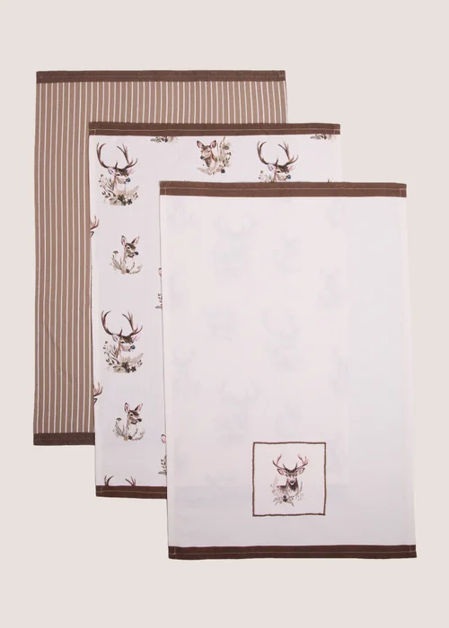 3 Pack Brown & White Stag Print Tea Towels Image 1