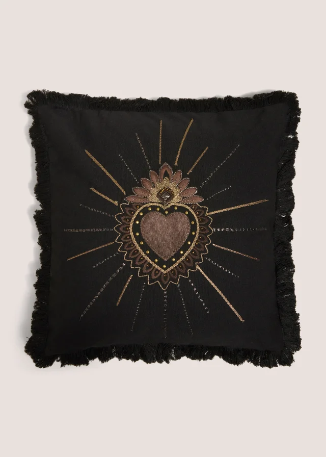 Black Sacred Heart Embellished Cushion