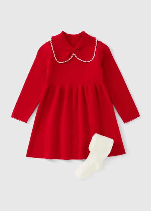 Girls Red Knitted Dress & Tights (1-8yrs) - 1-1.5 Yrs Image 1