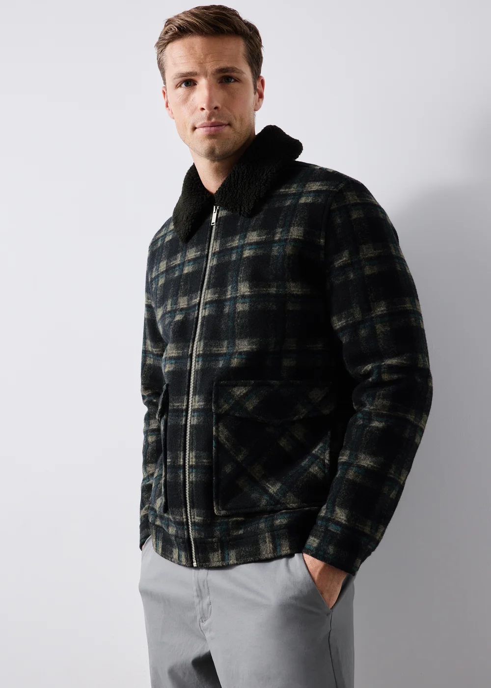Navy Check Borg Collar Jacket - XS Image 2