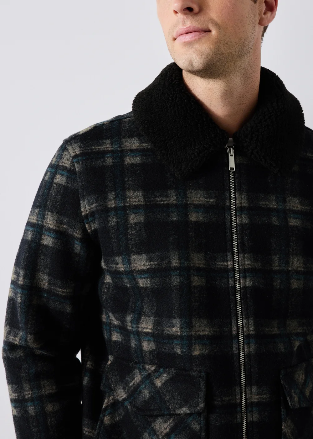 Navy Check Borg Collar Jacket - XS Image 4