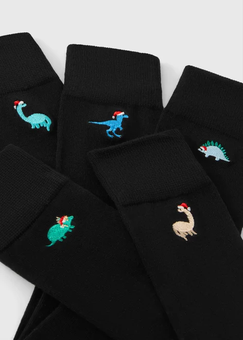 5 Pack Black Christmas Dinosaurs Socks - 6-8.5 Image 2