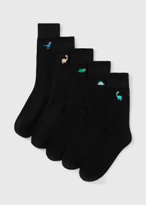 5 Pack Black Christmas Dinosaurs Socks - 6-8.5 Image 1