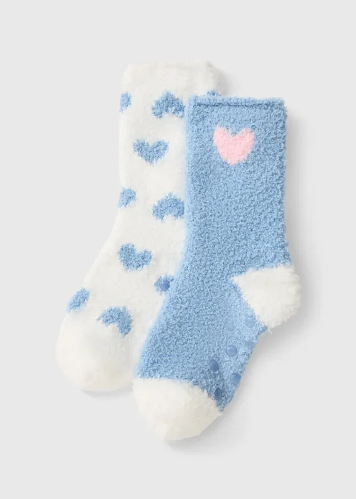 2 Pack Blue Heart Fluffy Socks - 6-8.5 Image 1