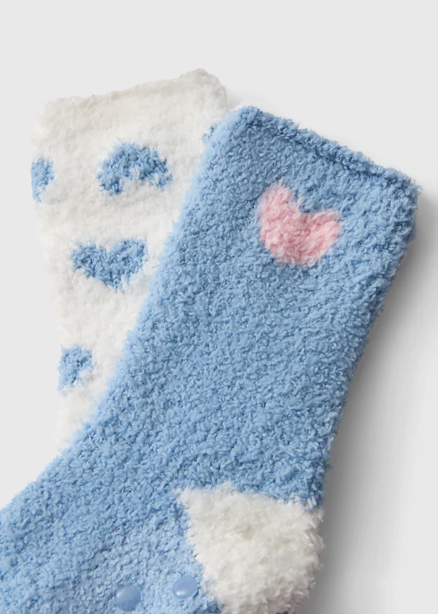 2 Pack Blue Heart Fluffy Socks