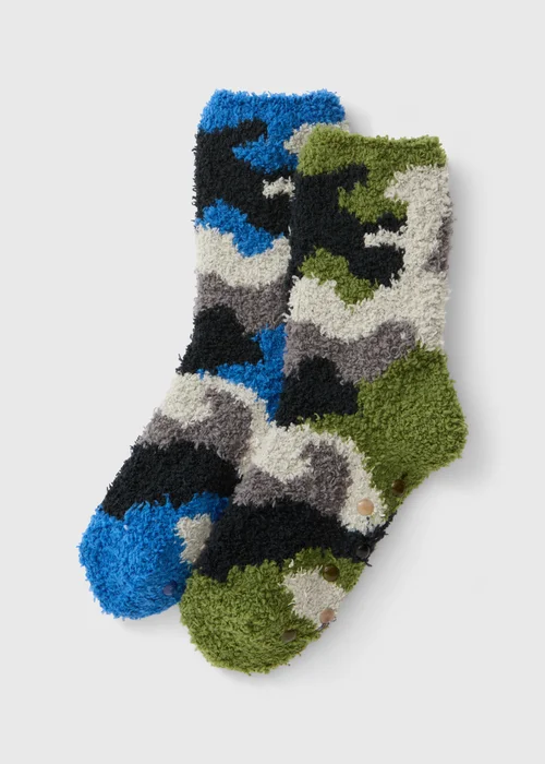 2 Pack Boys Camo Fluffy Socks (Younger 6 - Older 6.5) - 6-8.5 Image 1