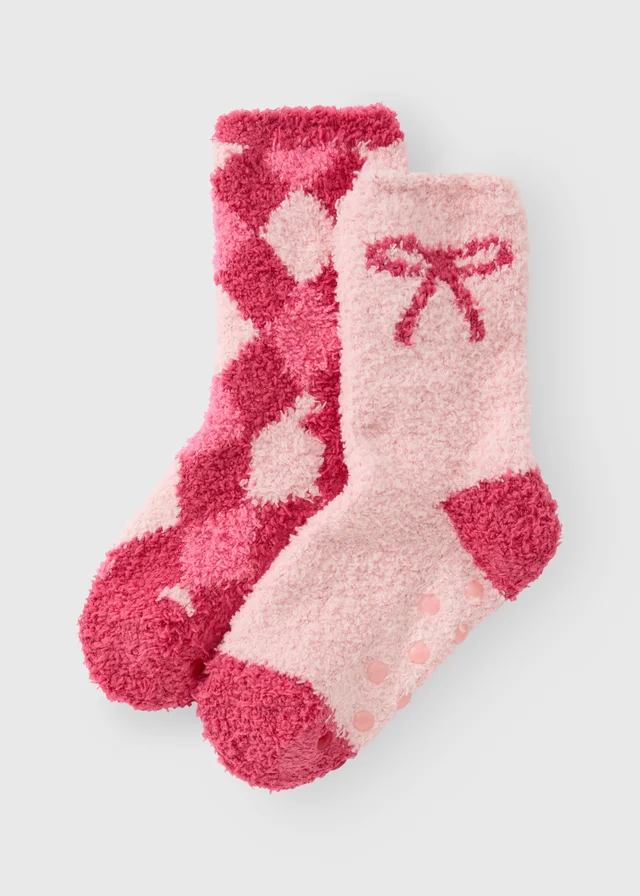 2 Pack Girls Pink Bow Fluffy Socks (Younger 6-Older 6.5)