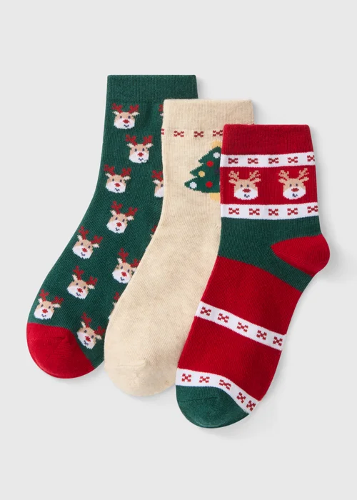 3 Pack Girls Green Christmas Socks (Younger 4-Older 8) - 6-8.5 Image 1