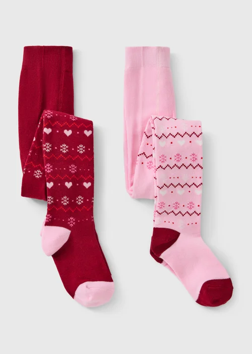 Girls Pink & Burgundy Fair Isle Socks 2 Pack - 2-3 Yrs Image 1