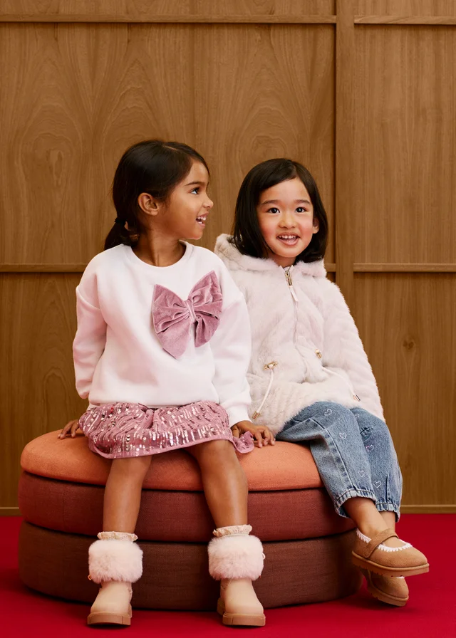 Girls Cream/Pink Sequin Bow Top & Skirt Set (1-8yrs)