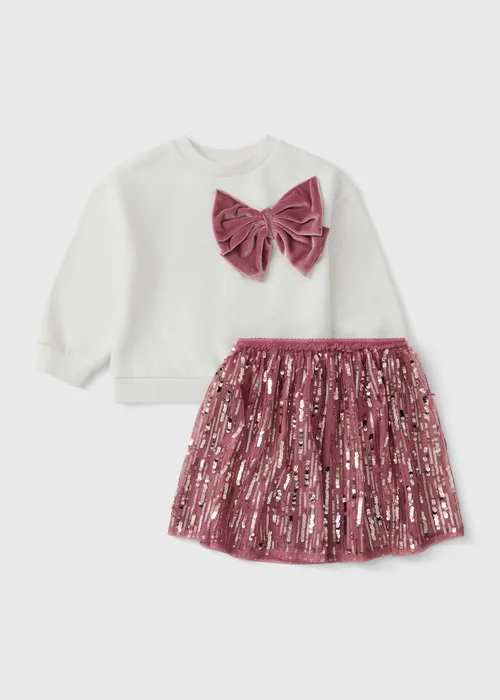 Girls Cream/Pink Sequin Bow Top & Skirt Set (1-8yrs) - 1-1.5 Yrs Image 1