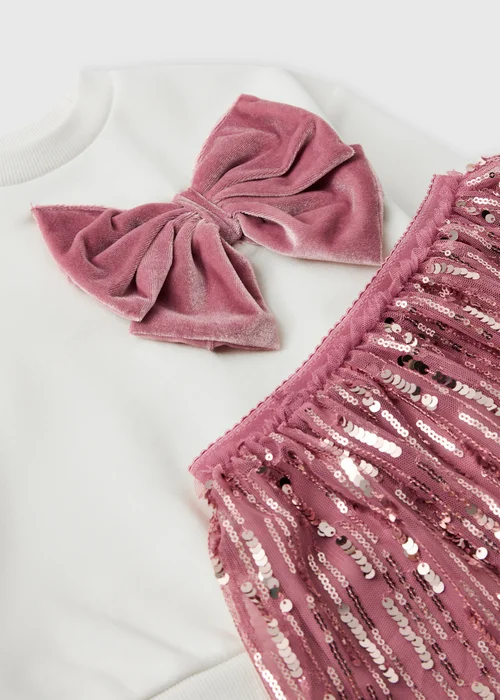 Girls Cream/Pink Sequin Bow Top & Skirt Set (1-8yrs) - 1-1.5 Yrs Image 3