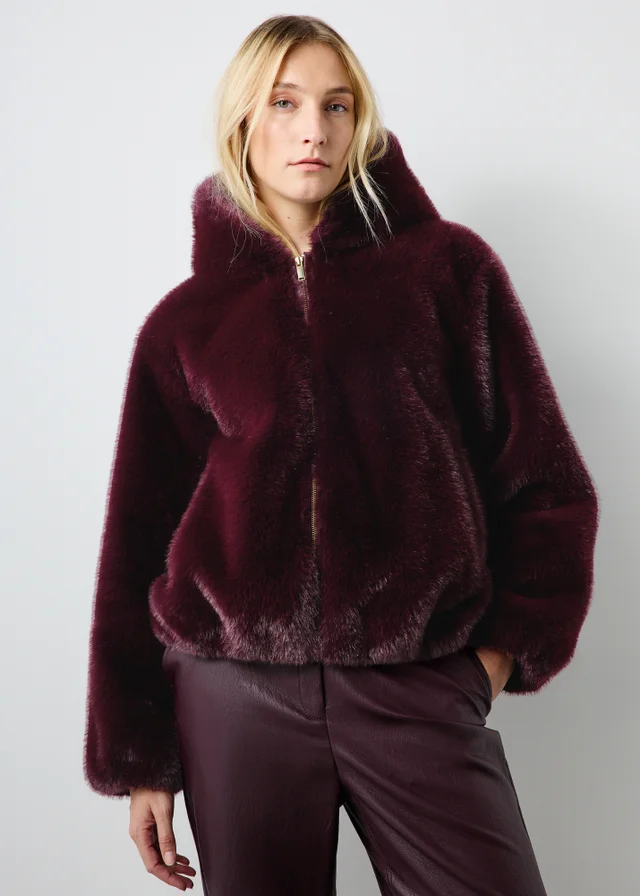 Burgundy Short Faux Fur Coat