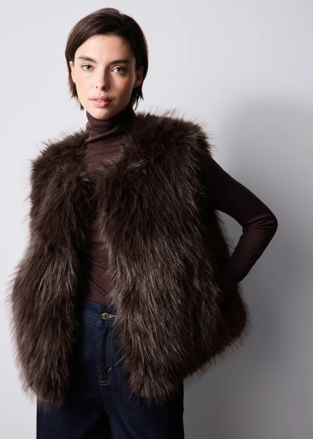 Chocolate Faux Fur Collarless Gilet