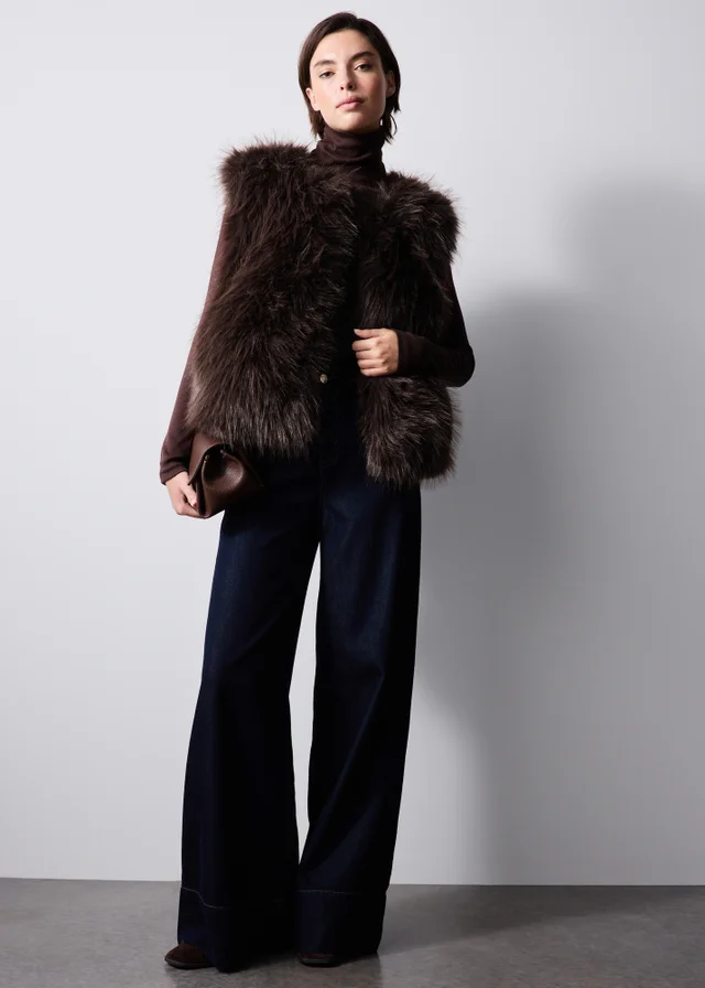 Chocolate Faux Fur Collarless Gilet