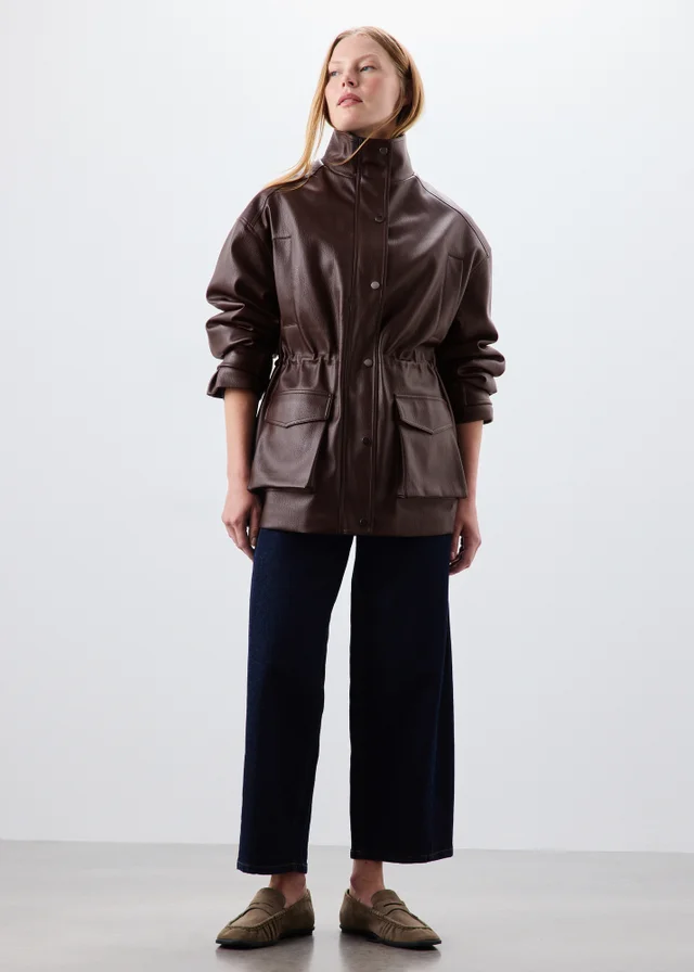 Raisin Faux Leather Funnel Neck Barn Jacket