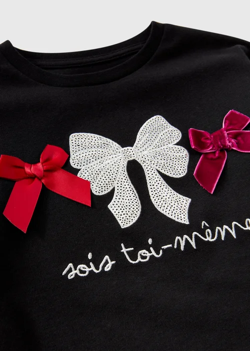 Girls Black Bow Detail Long Sleeve T-Shirt (1-8yrs) - 1-1.5 Yrs Image 2