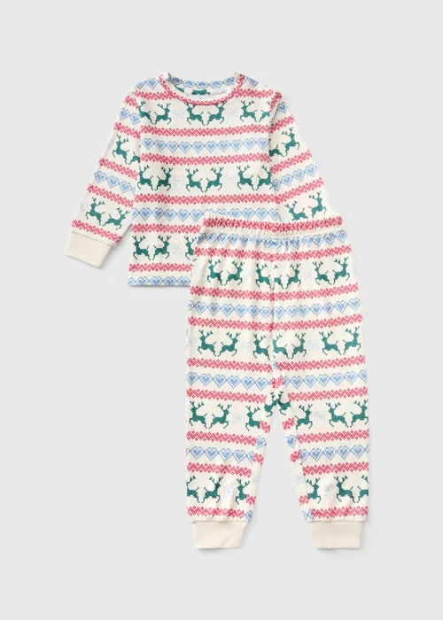 Girls Cream Reindeer Fairisle Matching Family Christmas Pyjamas (1-13yrs) - 1-1.5 Yrs Image 1