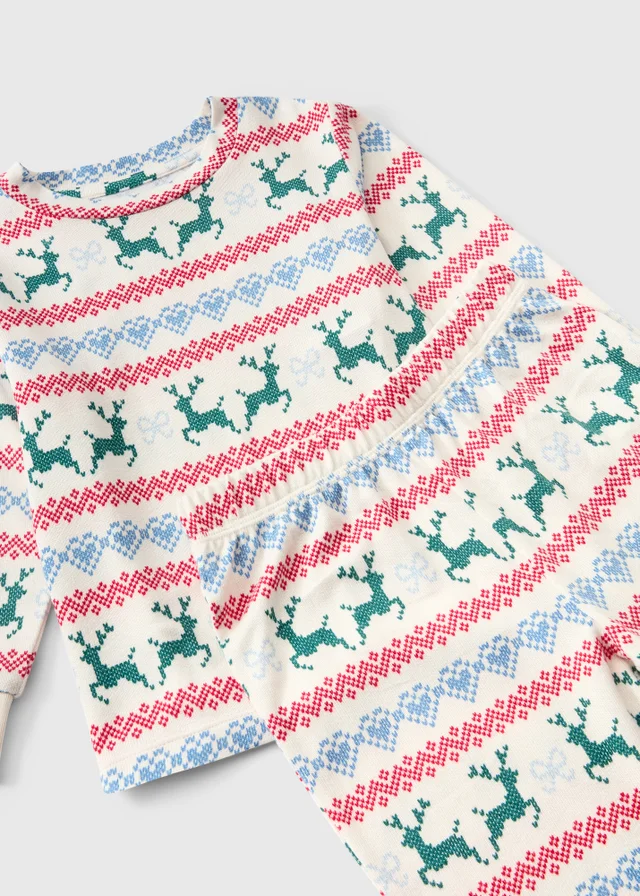 Girls Cream Reindeer Fairisle Matching Family Christmas Pyjamas (1-13yrs)